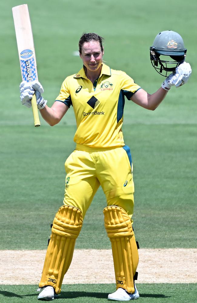 Ellyse Perry celebrates a century against India in Brisbane. Picture: Getty Images