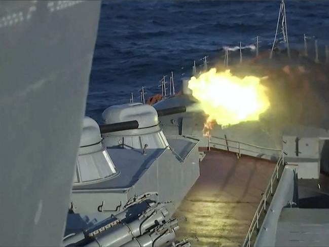 A "Moskva" Russian cruiser during the Black sea naval exercises outside the Crimean port of Sevastopol. Picture: AFP