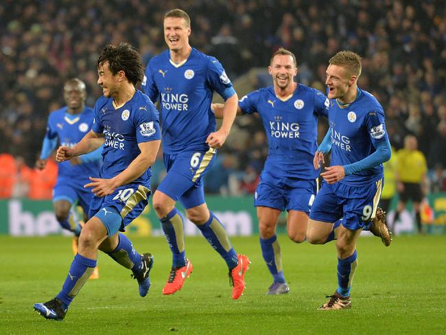 Leicester City forward Shinji Okazaki celebrates his goal against Newcatle United with teammates