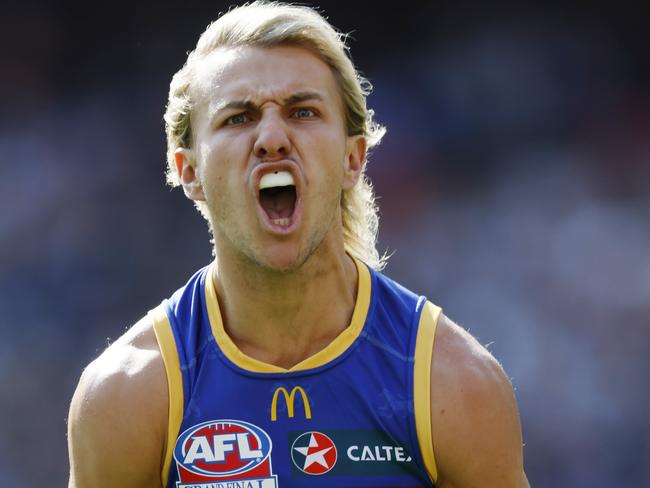 NCA. MELBOURNE, AUSTRALIA. September 28 , 2024. AFL Grand Final.  Sydney Swans vs Brisbane Lions at the MCG.   Kai Lohmann of the Lions celebrates a 1st quarter goal   .  Pic:Michael Klein