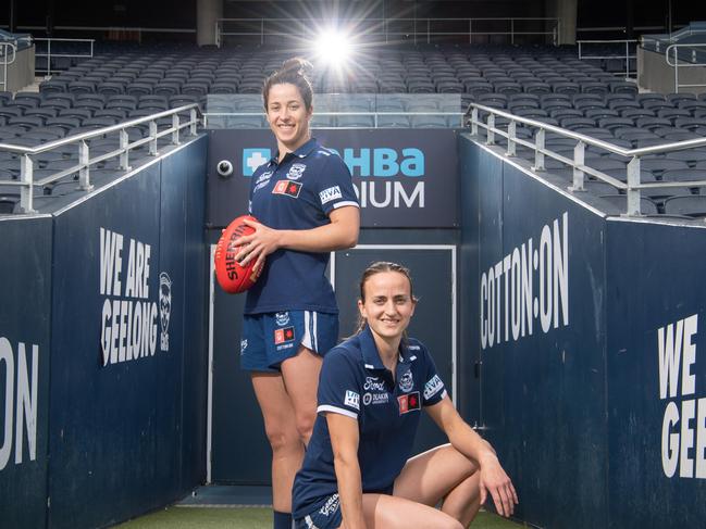 15-11-2023 AFLW Geelong Cats players Jacqueline Parry and Chantel Emonson ahead of their semi-final against Melbourne. Picture: Brad Fleet