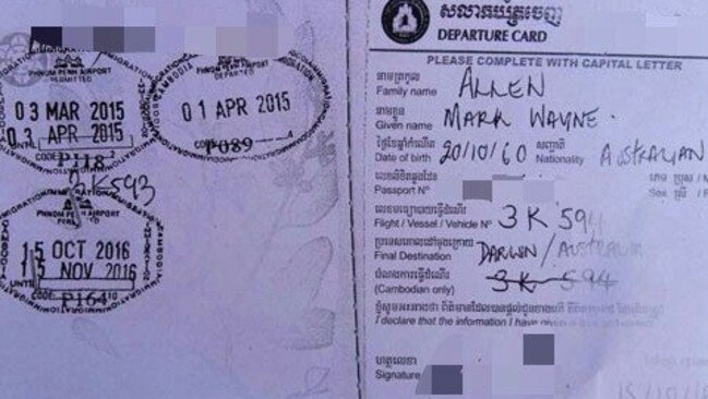 Mark Allen’s passport showed he had flown into Cambodia via Darwin and had also visited in March this year. Picture: Cambodian Police
