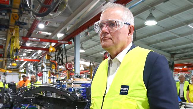 Scott Morrison tours a Volvo factory in Wacol, west of Brisbane, on Friday. Picture: Jono Searle