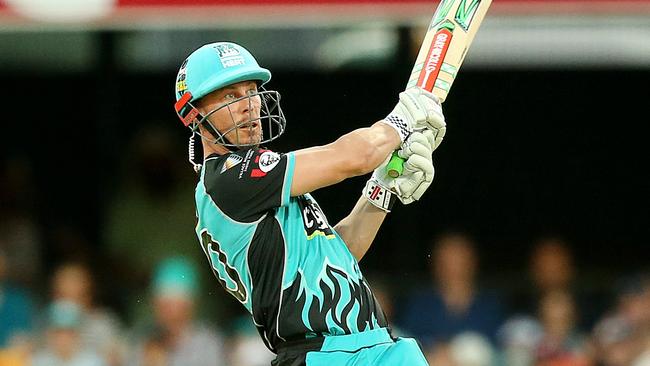 Chris Lynn of the Heat hits a six during the BBL match between Brisbane Heat and the Adelaide Strikers at The Gabba.