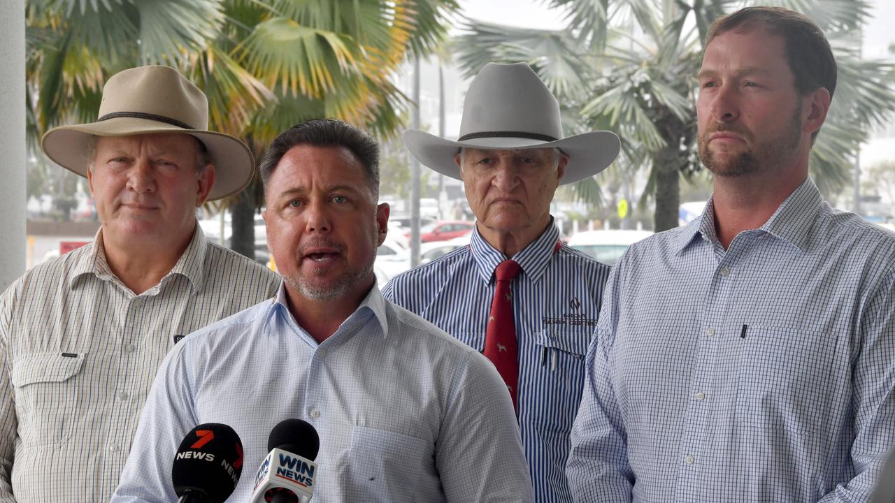 Member for Hill Shane Knuth, Member for Hinchinbrook Nick Dametto, Federal Member for Kennedy Bob Katter and KAP Mundingurra candidate Michael Pugh at the Townsville Entertainment Centre. Picture: Evan Morgan