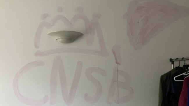 Young offenders smeared graffiti on Ashleigh Lawrence’s walls with a dragon fruit and trashed her kitchen. Picture: Supplied