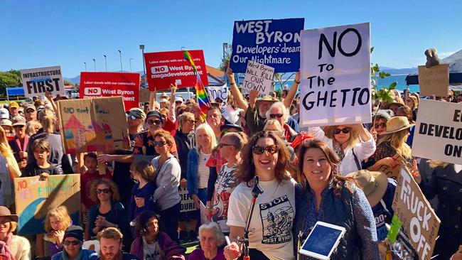 Cate Coorey from the Byron Residents Group with Ballina MP Tamara Smith at an Anti-West Byron Development rally held in Byron Bay in 2018.