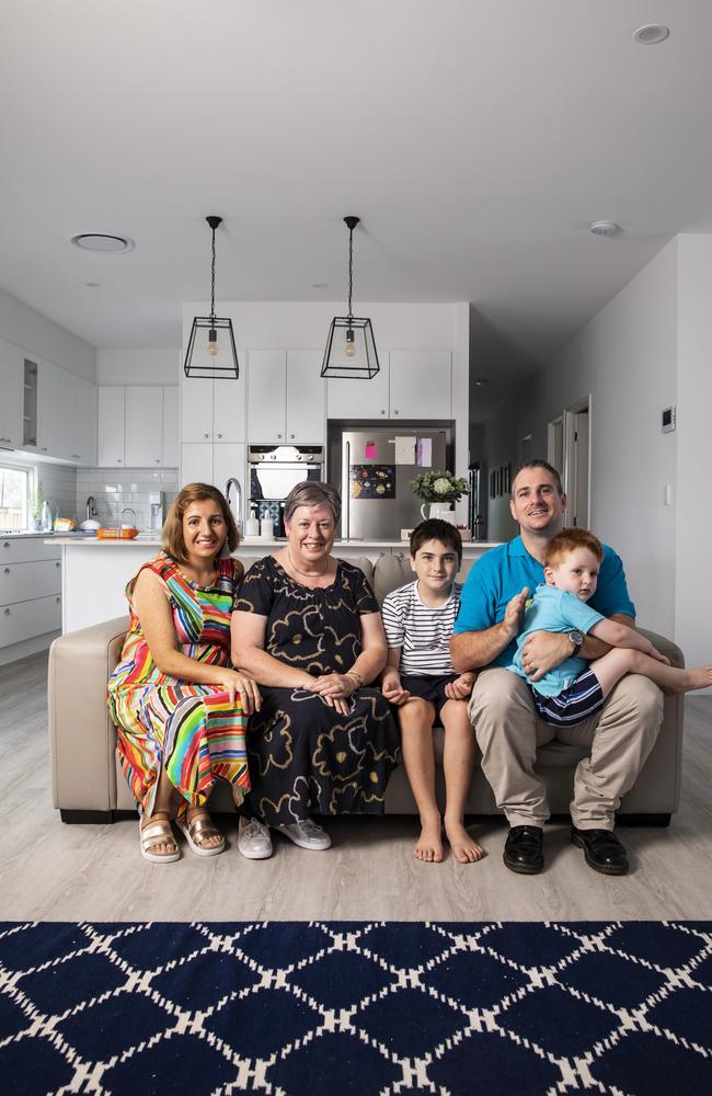 Scott and Megan Dietrich at home with Megan’s mother Lyn Lahood, and their children Max, 3, and Ellis, 9. Picture: Mark Cranitch