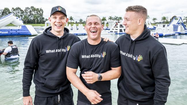 Manly's Tom Trbojevic and Sean Keppie with ex-Parramatta player Steve Dresler CEO of Whatability. Picture: Darren Leigh Roberts