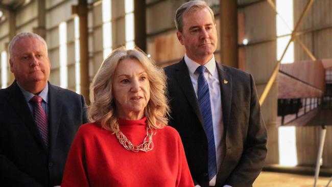 Liberal Bass Member Rob Fairs, Tasmanian Senator Helen Polley and Deputy Premier Michael Ferguson at the construction site of the Northern Suburbs Community Recreation Hub at Mowbray. Picture: Stephanie Dalton