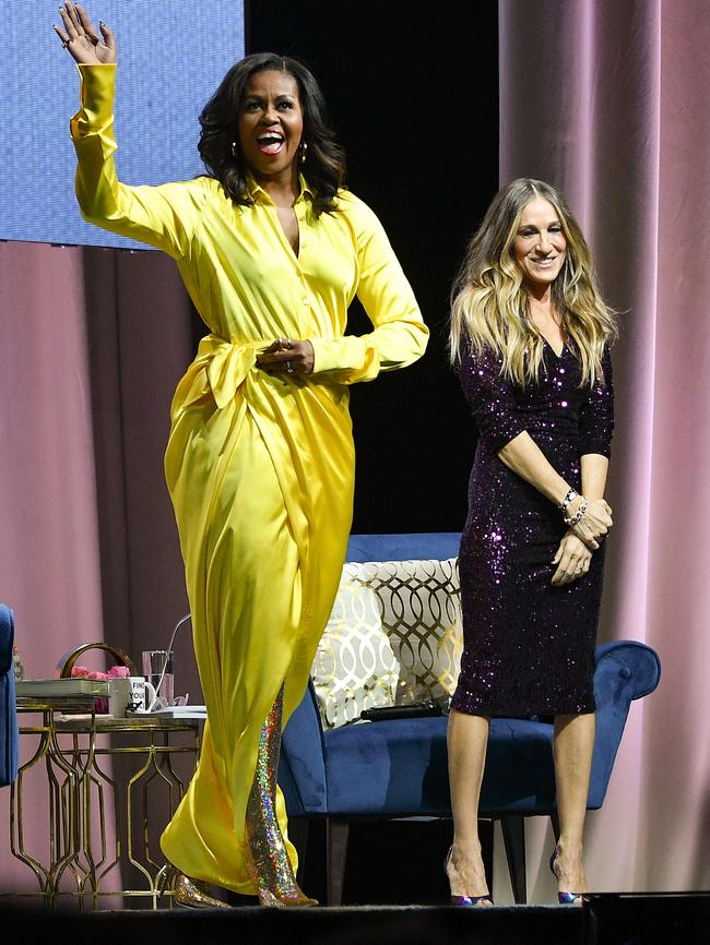 Michelle Obama discusses Becoming with Sarah Jessica Parker in New York. Picture: Getty Images
