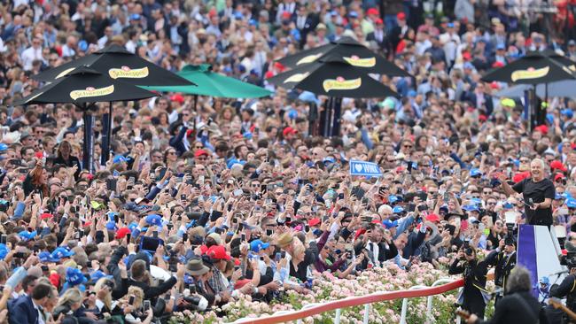 The 2018 Ladbrokes Cox Plate at Moonee Valley Racecourse in Melbourne. Daryl Braithwaite entertains the crowd. Picture: Alex Coppel