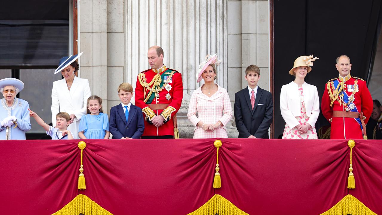 (L-R) Queen Elizabeth II, Prince Louis of Cambridge, Catherine, Duchess of Cambridge, Princess Charlotte of Cambridge, Prince George of Cambridge, Prince William, Duke of Cambridge, Sophie, Countess of Wessex, James, Viscount Severn, Lady Louise Windsor and Prince Edward, Earl of Wessex on the balcony. Picture: Chris Jackson/Getty Images