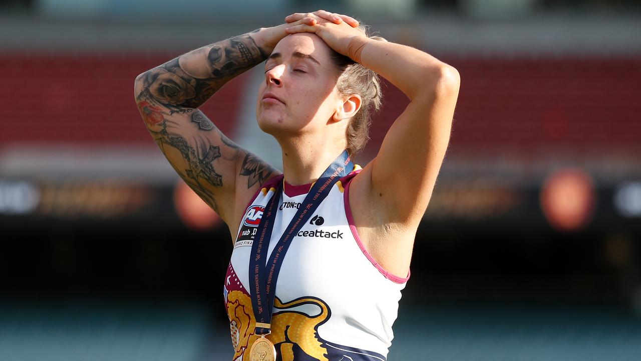 ADELAIDE, AUSTRALIA - APRIL 17: Jessica Wuetschner of the Lions reacts after the victory during the 2021 AFLW Grand Final match between the Adelaide Crows and the Brisbane Lions at Adelaide Oval on April 17, 2021 in Adelaide, Australia. (Photo by Michael Willson/AFL Photos via Getty Images)