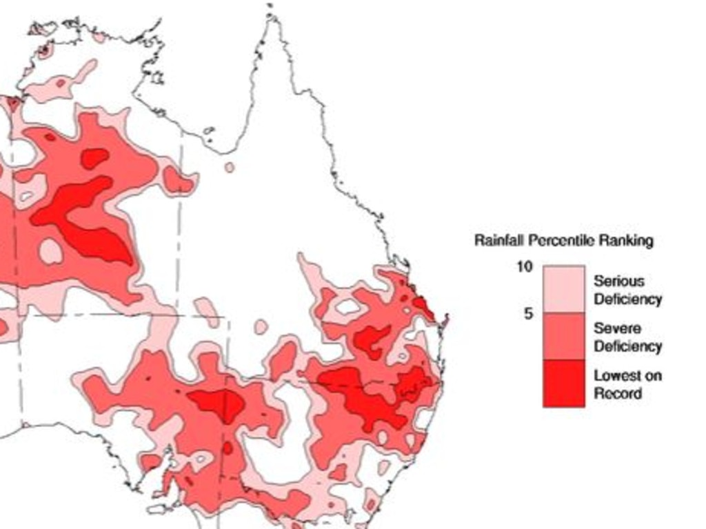 This Bureau of Meteorology map shows the severe rainfall deficiency across the worst-hit drought areas.