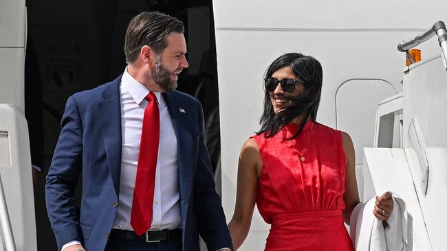 Vice President JD Vance and second lady Usha Vance arrive Monday in New Delhi. Kenny Holston /Press pool