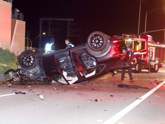 The Porsche crashed and flipped on the Nepean Highway. Picture: Andrew Hosking