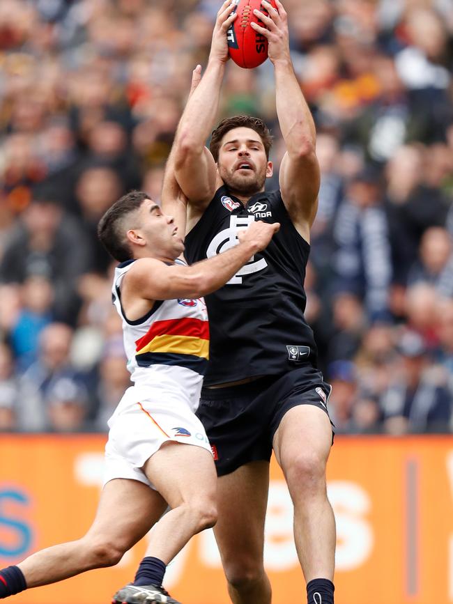 Levi Casboult takes a contested mark against the Crows last week. Picture: Getty Images