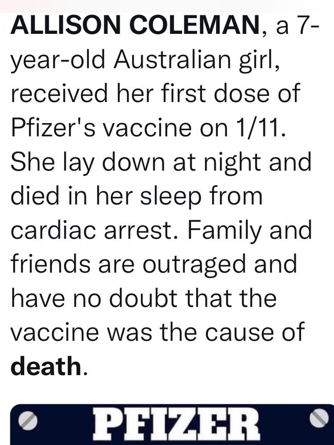 A tweet alleging Allison Coleman died, but the child does not exist.