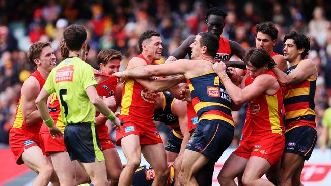 Things got heated numerous times at Adelaide Oval on Saturday. Picture: James Elsby/AFL Photos