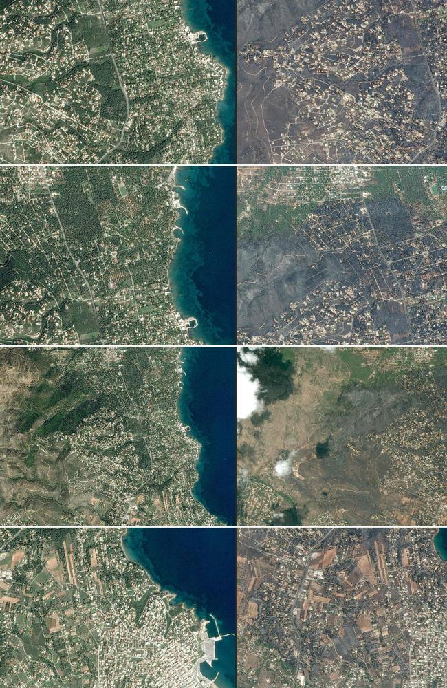 This combination of pictures shows the seaside resort of Mati, eastern Attica region, on March 7, 2018 (L) and on July 25, 2018 (R), before and after deadly fires swept the area. Picture: AFP