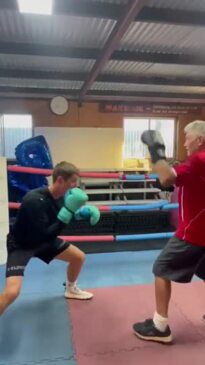 Shannan Davey and coach Attila Kovac spar during training.