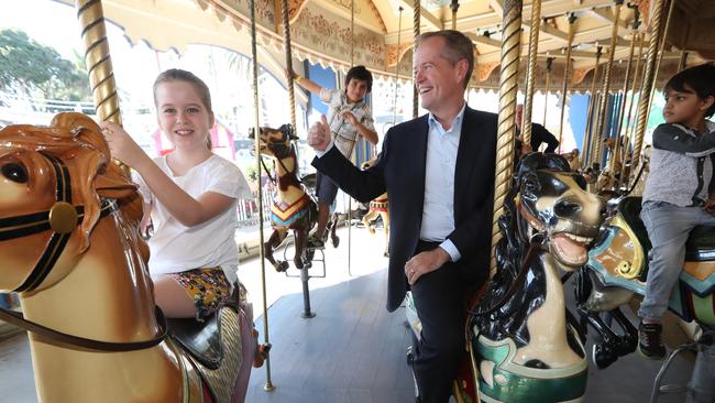 Bill Shorten with his daughter Clementine at Luna Park in Melbourne. Picture: Kym Smith