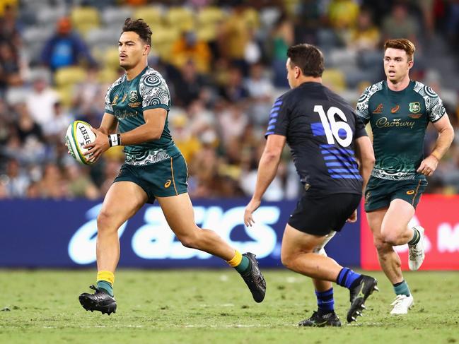 Jordan Petaia on the run for the Wallabies against Argentina. Picture: Chris Hyde/Getty Images