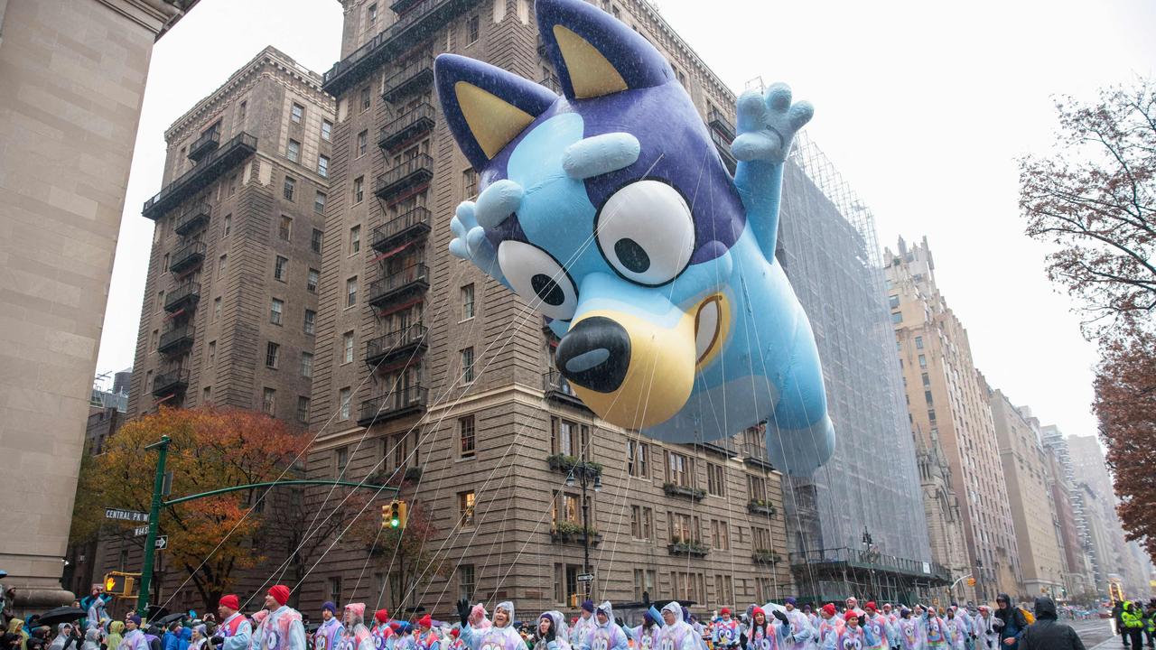 The crowd heard a bang and a loud gust of air come from Bluey as she was getting inflated, but luckily she was repaired in time for the parade. Picture: Kena Betancur / Getty Images North America / Getty Images via AFP