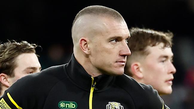 MELBOURNE, AUSTRALIA - JUNE 30: Dustin Martin of the Tigers looks on during the 2024 AFL Round 16 match between the Richmond Tigers and the Carlton Blues at The Melbourne Cricket Ground on June 30, 2024 in Melbourne, Australia. (Photo by Michael Willson/AFL Photos via Getty Images)