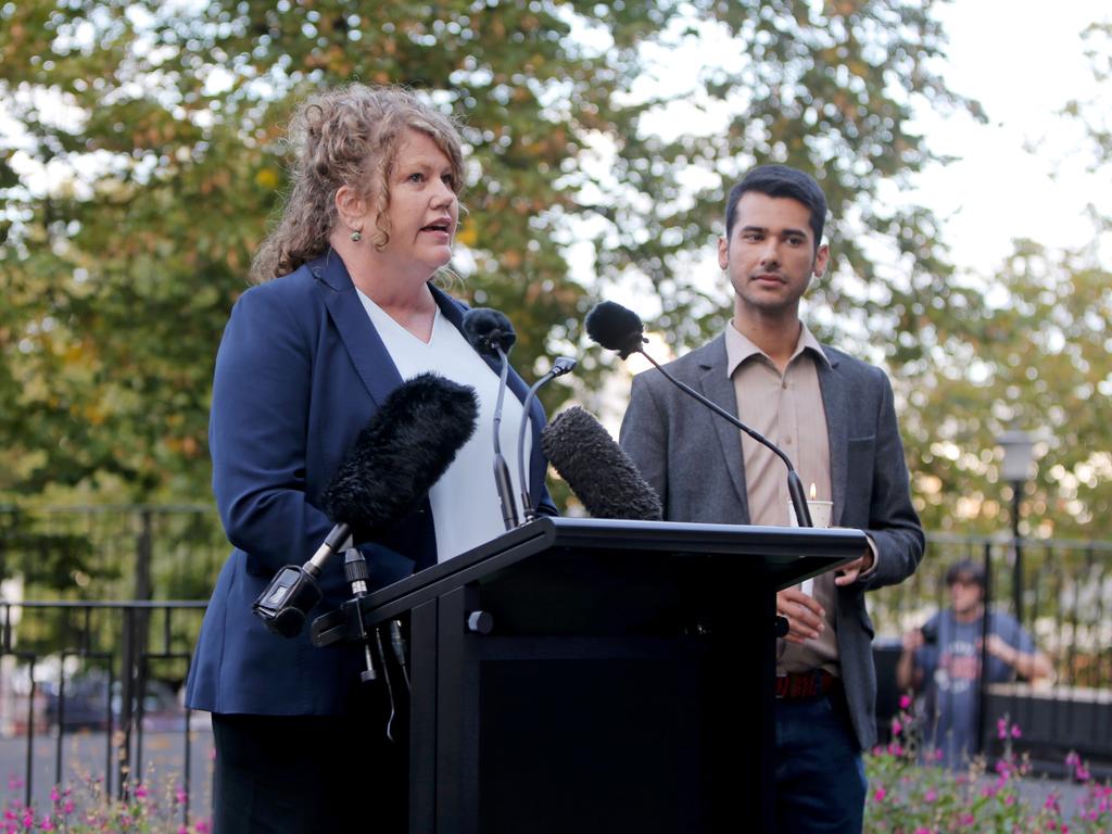 Hobart Lord Mayor Anna Reynolds speaks at Hobart's vigil for Christchurch at Franklin Square. Picture: PATRICK GEE