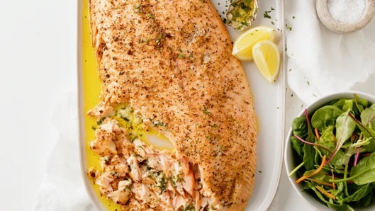 Easter food ideas: Garlic butter flaked salmon.