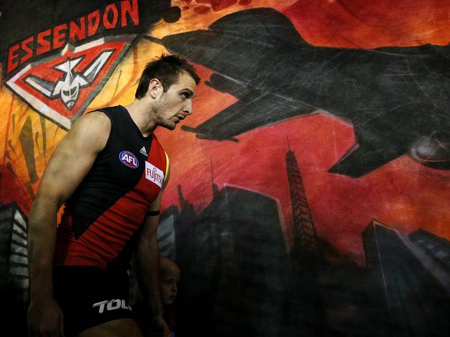 AFL Round 9: Essendon v Sydney Etihad Stadium. Jobe Watson leads the Bombers out. May 16th 2014. Picture : Colleen Petch