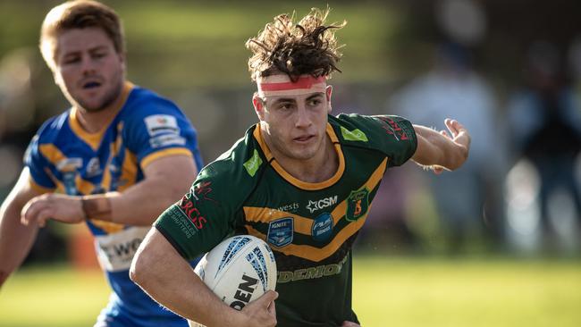 30th April 2023. News Local. Sport. Campbelltown, Sydney, NSW, Australia. Macarthur RL 1st grade, Campbelltown City v Mittagong Pic shows: Kangaroos player: Jack Leigh Mittagong player: James Coyne Pics by Julian Andrews.