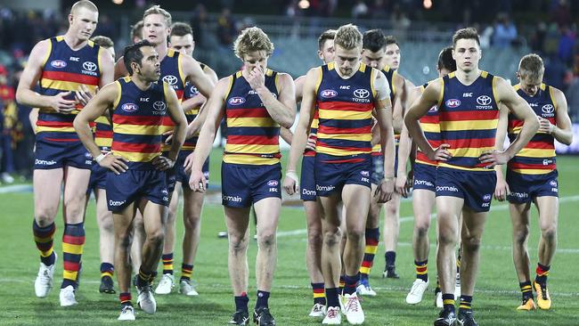 Adelaide players walk off Adelaide Oval after the loss to Sydney. Picture: Sarah Reed