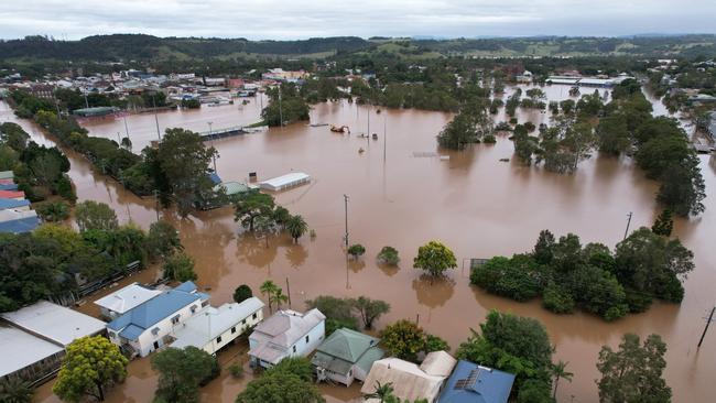 Houses are surrounded by floodwater on the NSW town of Lismore which was hammered by record flooding at the start of 2022. Picture: Dan Peled/Getty Images