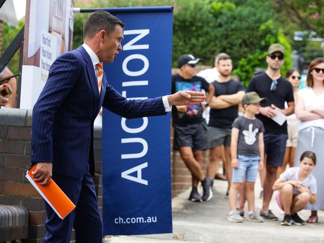 SYDNEY, AUSTRALIA - FEBRUARY 20, 2021, Auctioneer Damien Cooley in action at Service Street Home Auction in Ashfield Today in Sydney, Australia. Picture: Newscorp Sunday Telegraph / Gaye Gerard