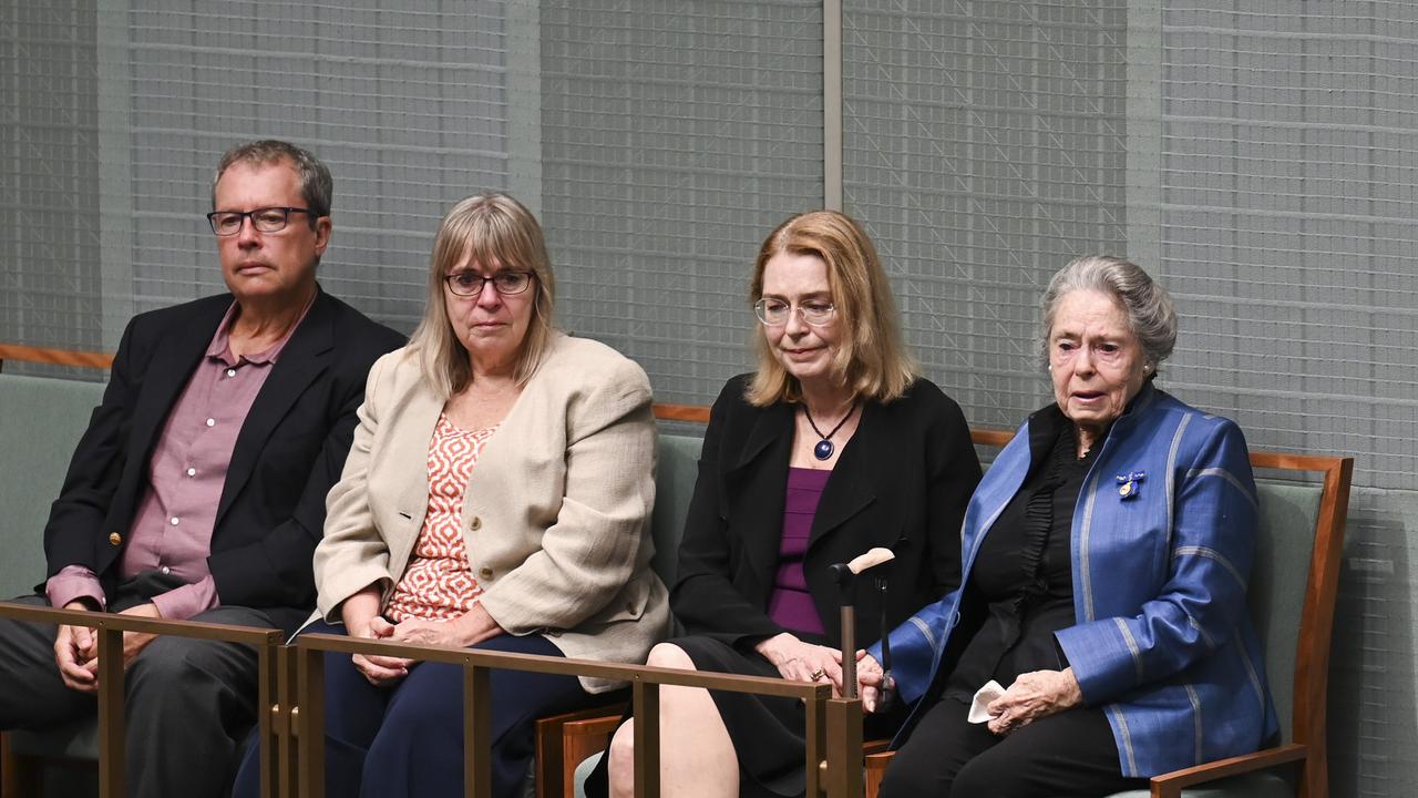 Mr Hayden’s family, including wife Dallas (far right) attended the condolence motion for the former Governor General last year. Picture: NCA NewsWire / Martin Ollman