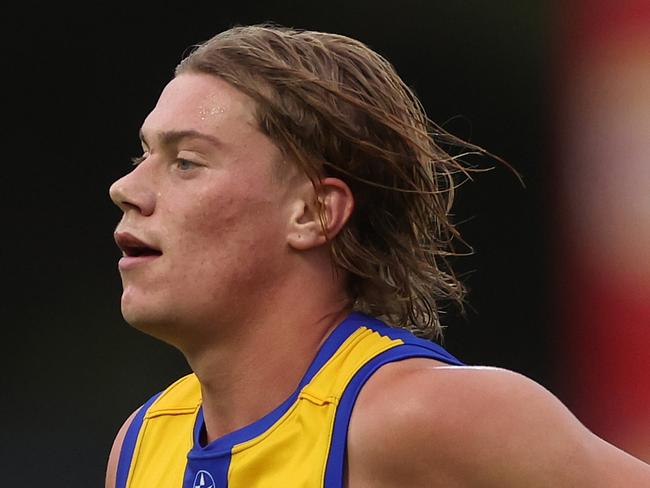 PERTH, AUSTRALIA - FEBRUARY 24: Harley Reid of the Eagles looks on during an AFL practice match between West Coast Eagles and Fremantle Dockers at Mineral Resources Park on February 24, 2024 in Perth, Australia. (Photo by Will Russell/Getty Images)