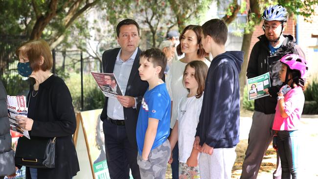 Matthew Guy with his family at Serpell Primary School on Saturday morning. Picture: David Caird