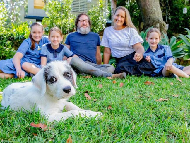 Pets bring a lot of joy to families no matter what age, just like the Clark family from Hawthorne: Lola, Eleanor, Dan, Lucy and Sylvie, with recently acquired puppy Chewie. Picture: Richard Walker