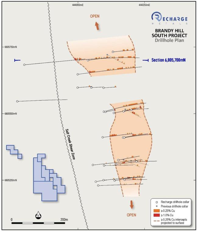 Past drilling across the identified 500m-long mineralised strike length at Brandy Hill South. Pic supplied: (REC)