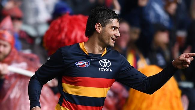 ADELAIDE, AUSTRALIA - JUNE 04: Shane McAdam of the Crows celebrates a goal during the round 12 AFL match between the Adelaide Crows and the West Coast Eagles at Adelaide Oval on June 04, 2022 in Adelaide, Australia. (Photo by Mark Brake/Getty Images)