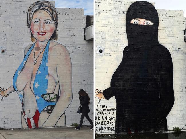 Lushsux’s swimsuit-clad Hillary Clinton (left) and Clinton covered in a black burqa after the original mural was reportedly deemed offensive. Picture: AFP