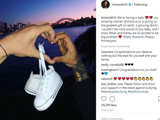 Kris Smith and partner Sarah Boulazeris’ announcement they are expecting a baby. Picture: Instagram