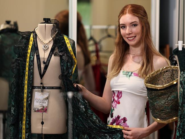 Sofia Stoelhorst, 15, was awarded second runner up in the Cairns Fashion Week Innovation Award. As a result of her win she got to model her own design on the fashion week runway, becoming the youngest model and youngest designer in the show amongst international models and designers. Picture: Brendan Radke