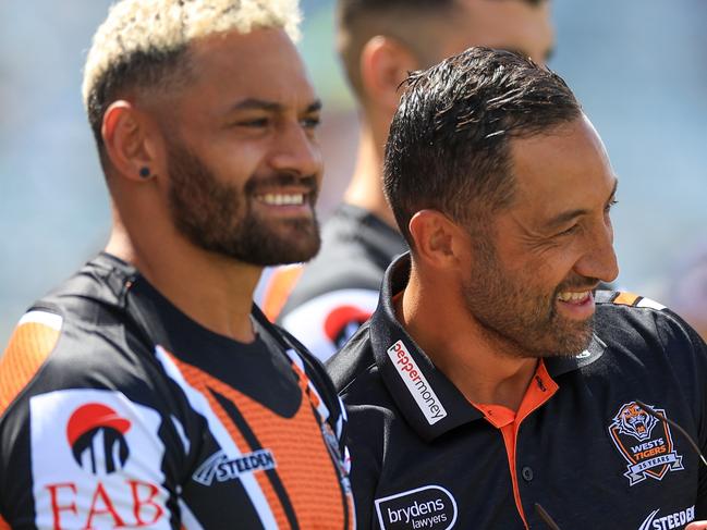 CANBERRA, AUSTRALIA - MARCH 16: Benji Marshall, new head coach of the Wests Tigers laughs as he looks on during the NSW Cup ahead of the round two NRL match between Canberra Raiders and Wests Tigers at GIO Stadium, on March 16, 2024, in Canberra, Australia. (Photo by Jenny Evans/Getty Images)