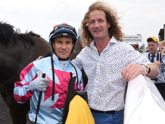 Winner of race 2 Etana jockey Luke Currie and trainer Ciaron Maher at the Magic Millions race day at the Gold Coast Turf Club. (Photo/Steve Holland)