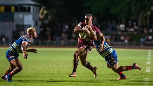 Yarrabah's Steven Stafford works towards the line during the 2021 Cairns District Rugby League grand final. Picture: Emily Barker