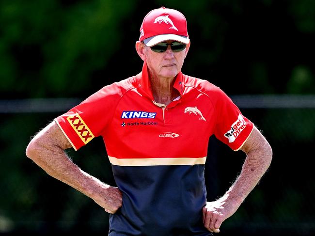 BRISBANE, AUSTRALIA - MARCH 07: Coach Wayne Bennett is seen during a Dolphins NRL training session at Kayo Stadium on March 07, 2024 in Brisbane, Australia. (Photo by Bradley Kanaris/Getty Images)